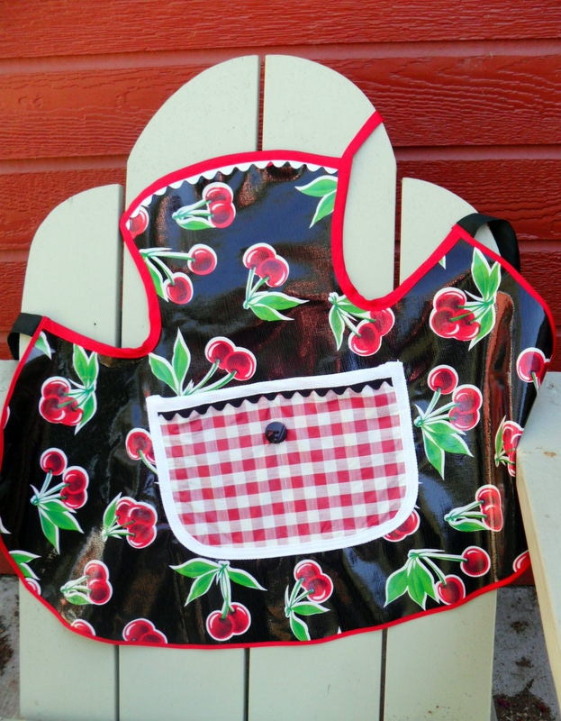 Little Girls Art Smock or Cooking Apron in Retro Cherries Wipe Clean Vinyl