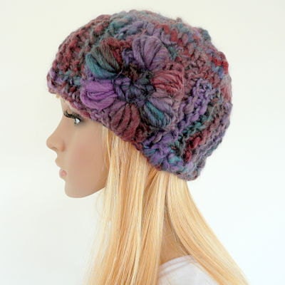 SALE Less 20% Hand knit cloche hat with crochet flower - multi color knit cloche - purple beanie with flower - purple hat