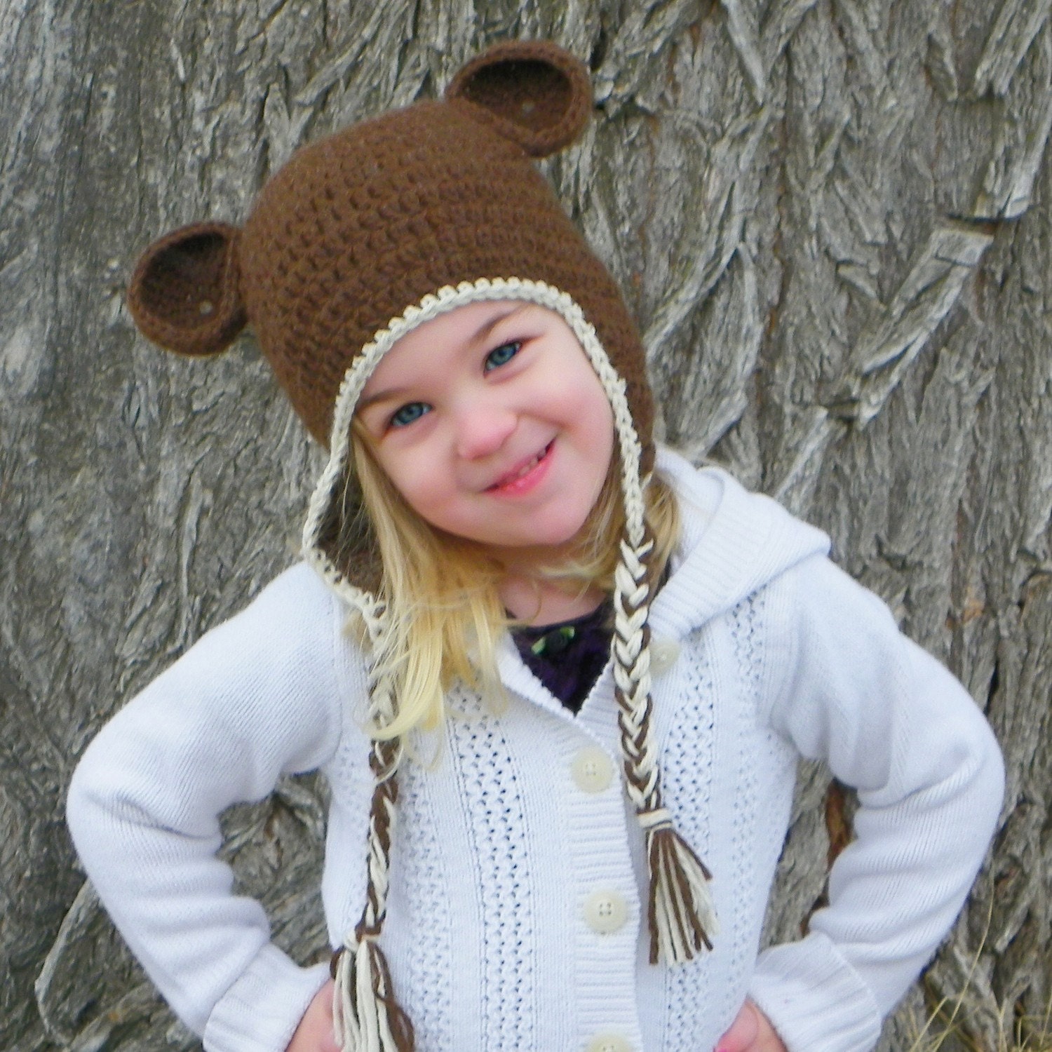 Pure Alpaca Chocolate Bear Crochet Hat With Cream Trim - Choose Your Size