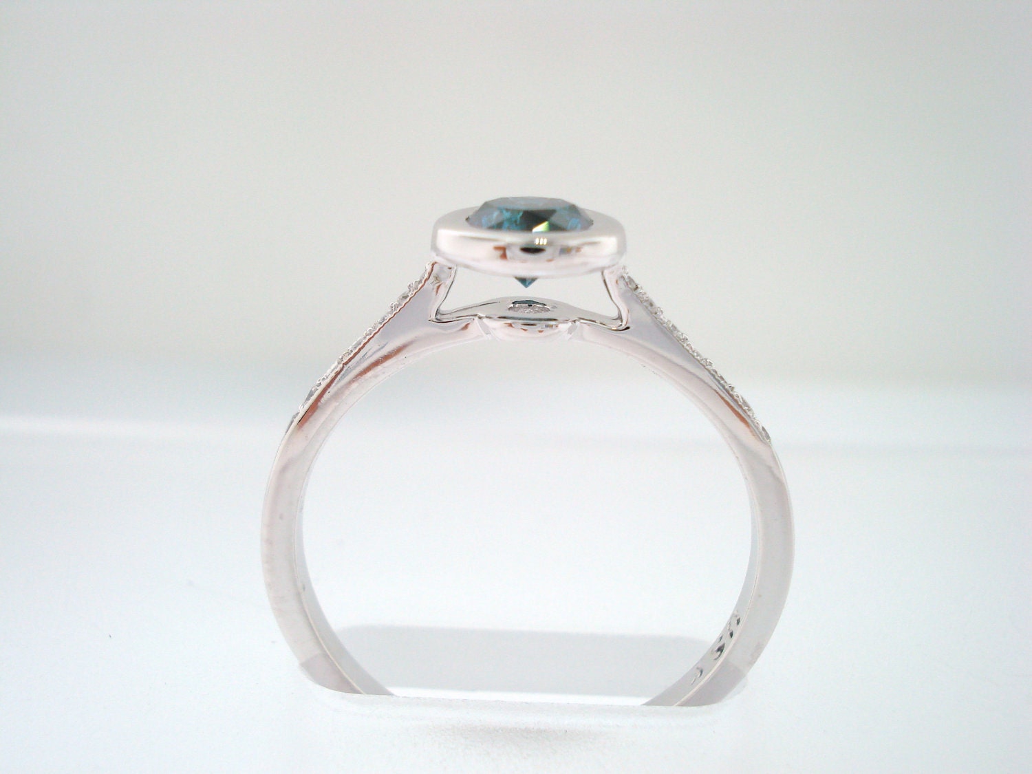 14K White Gold Blue & White Diamond Engagement Ring 0.60ct Bezel Set handmade