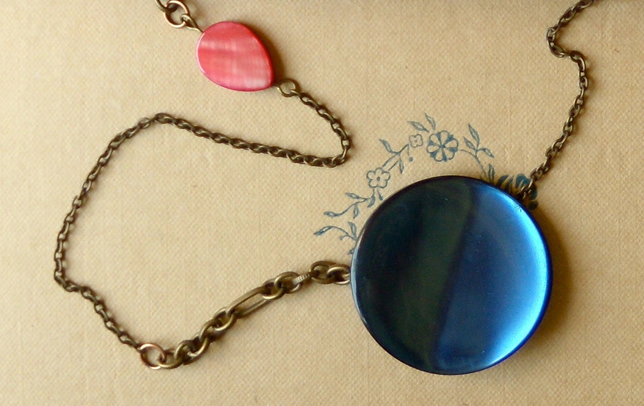 SALE-FREE SHIPPING-Vintage Pendant Necklace - Shimmery Coral and Blue Button