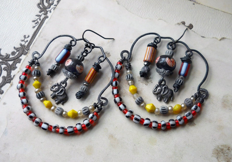 Chandelier Earrings - Colorful Rustic Beaded Earrings - Indonesian Lampwork, Elephant Charms - Wide Circus Chandeliers - Big Top Dandies