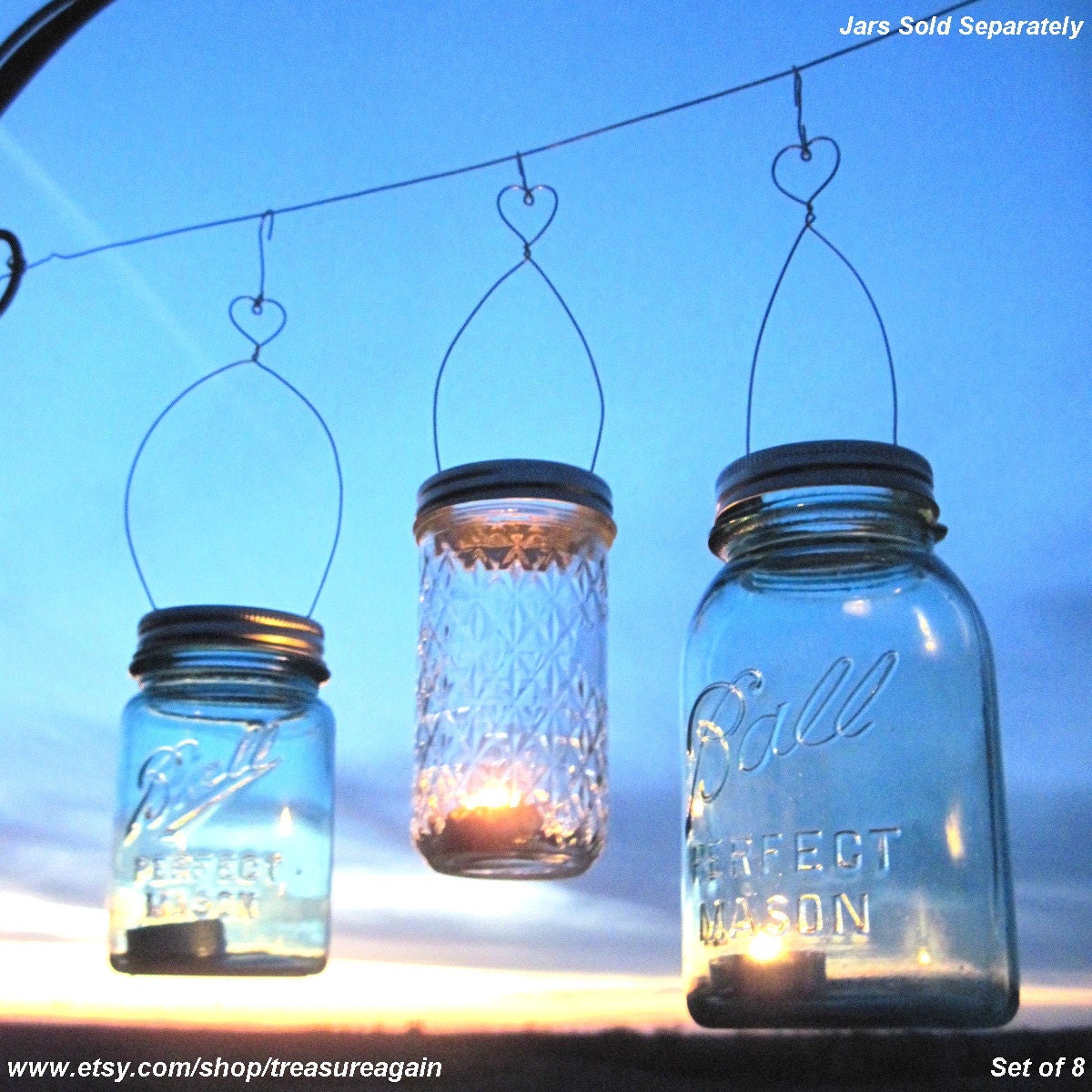 8 DIY Love-You-Lantern Jar Hangers, Heart Mason Jar Wedding Hanging Candle Jar or Flower Vase Lids, No Jars