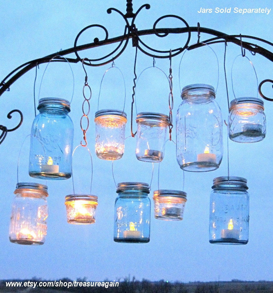 Hanging Mason Jar Lids 10 Outdoor Wedding Candle Holders DIY Canning Jar Hangers Handmade Upcycled Ball Jar Garden Party Lids Only No Jars