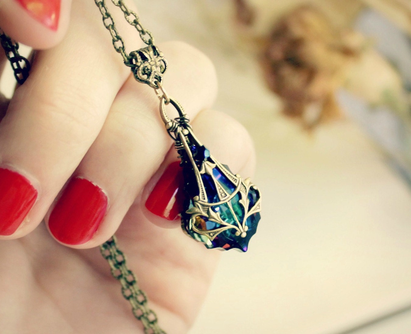 Mariah Aged Brass and Swarovski Necklace - Blue - Indigo - Aqua - Rainbow - Peacock - Victorian - Wedding - Bridal