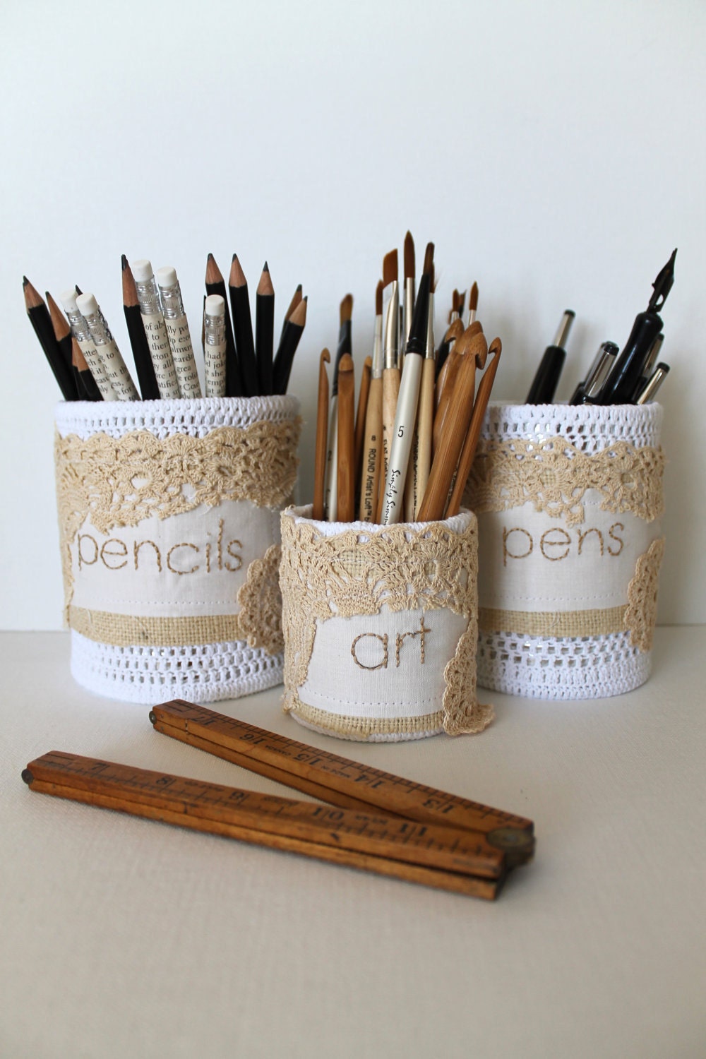 Desk Caddy Pencil Holder Upcycled Desk Organizer Set of Three Crochet Tin Cans Organic Useful Art