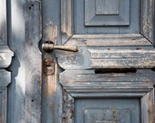 blue doors with handle, abstract  photography, 8x12 architecture photo, lock, entrance, blue, gray, rustic country home decor