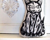 Plush Black Cat Pillow. Woodblock Printed. Customizable Colors. Made to Order.