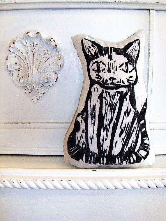 Plush Black Cat Pillow. Woodblock Printed. Choose ANY Color. Made to Order.