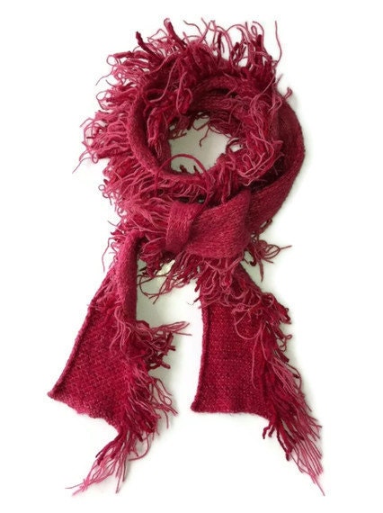 Felted Scarf, hand knitted, pink and red wool blend, bohemian shaggy style, long length