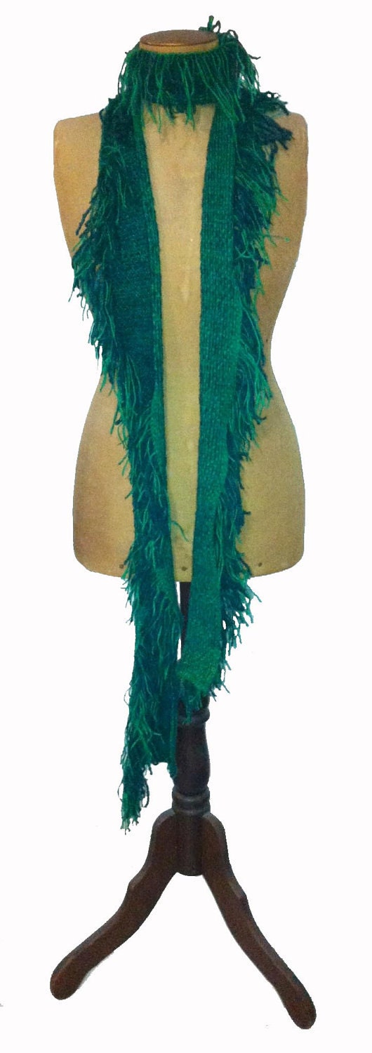 Felted Scarf, hand knitted, green wool blend, bohemian shaggy style, long length