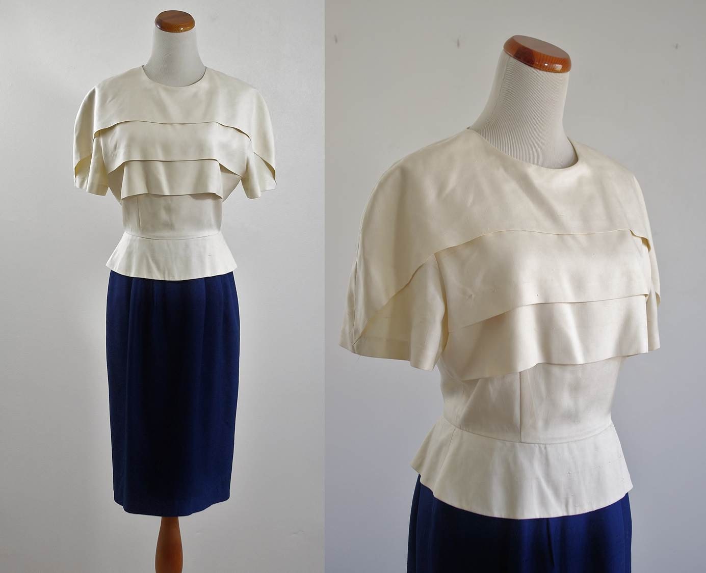 Vintage Silk Dress -- Cream & Navy Blue Tiered Dress -- Medium