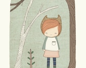Children Wall Art print Bear, Little Girl in the Woods  - Lively in the Woods