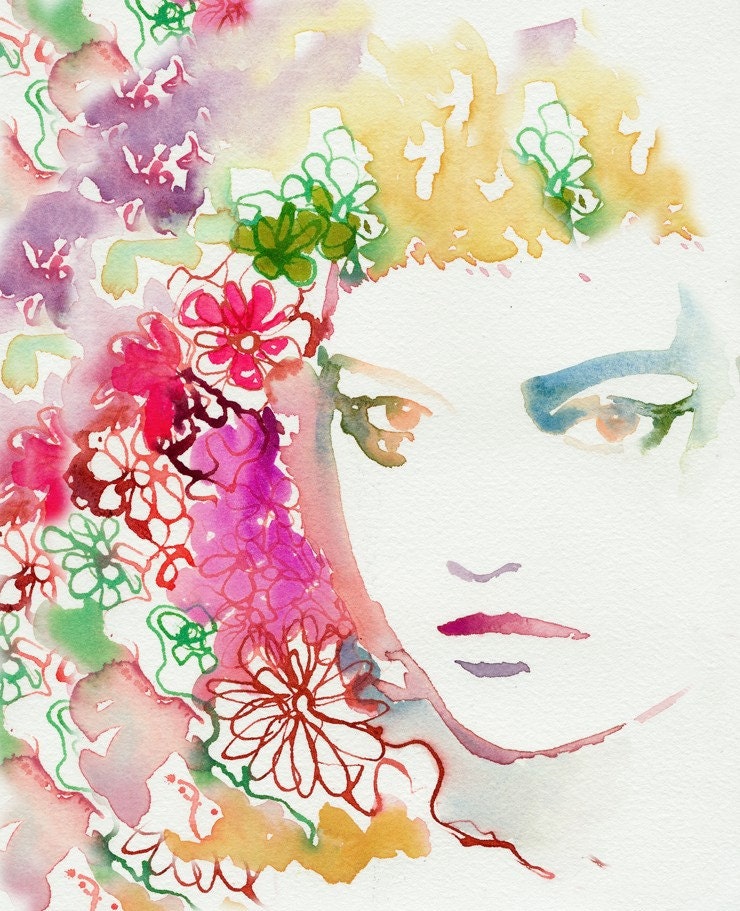 Watercolor Portrait, Print of Watercolor Fashion Illustration,  Print 8.5" x 11" Titled: Flower Headdress Gemma