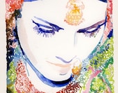 Print of Watercolor Portrait Painting 15" x 11". Titled: Indian Bride