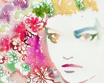 Watercolor Portrait, Print of Watercolor Fashion Illustration,  Print 8.5" x 11" Titled: Flower Headdress Gemma