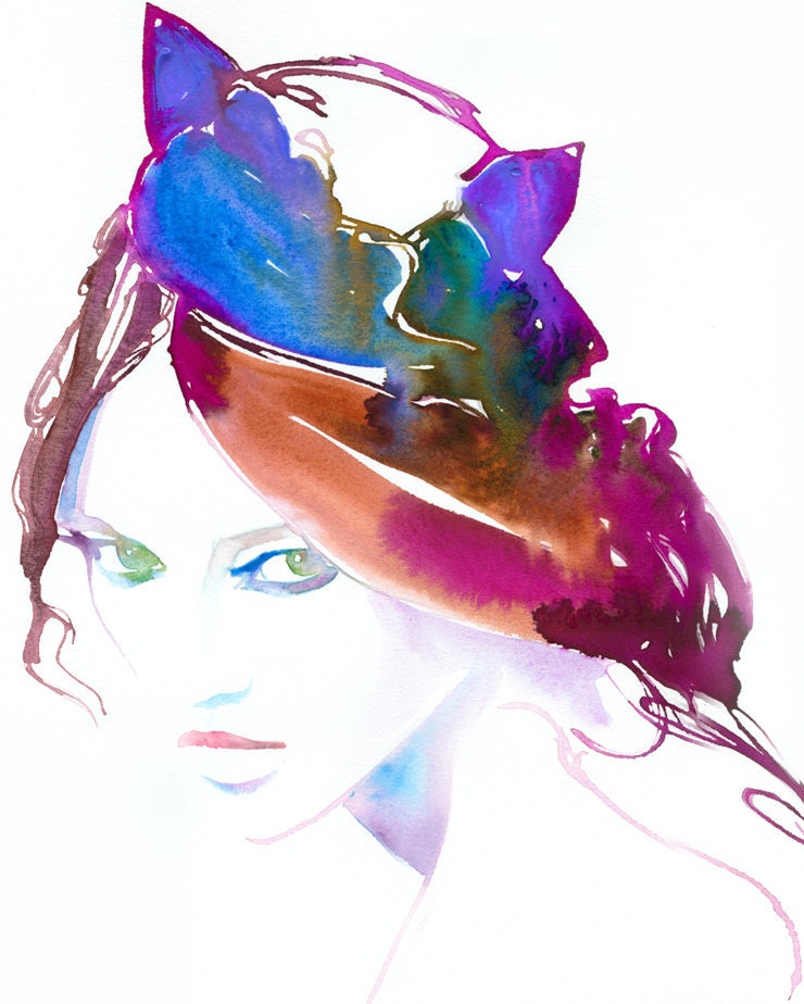 Original Watercolour Painting, Fashion Watercolor Illustration. Titled: Cat Woman Maison Michel deux.