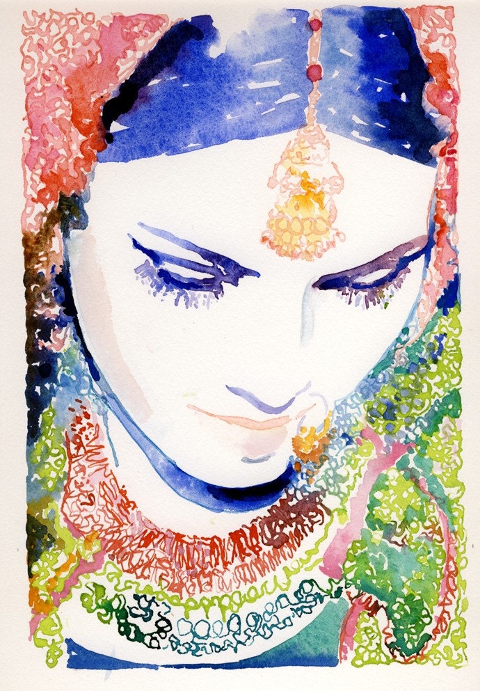 Print of Watercolor Portrait Painting 15" x 11". Titled: Indian Bride