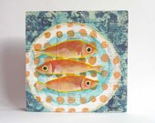 Fish On A Plate, original painting on wood, whimsical kitchen art, still life 5 x 5 inches orange blue peach