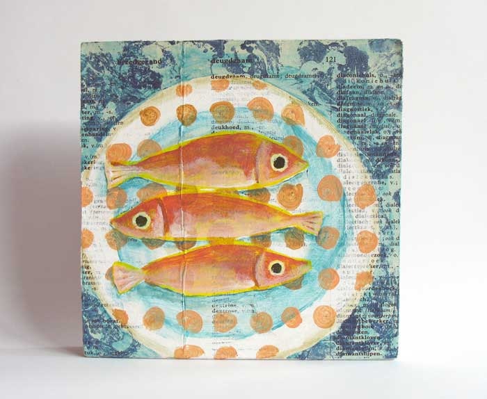 Fish On A Plate, original painting on wood, whimsical kitchen art, still life 5 x 5 inches orange blue peach
