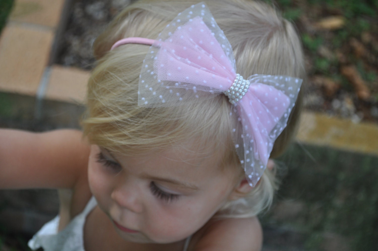 Polka Dots & Pearls-- Pink Lace and Organza "Hair Bow" Headband-- Rows of Pearls Adorn the Center- The most UNIQUE Accessory- A GREAT GIFT