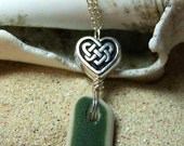 Sea Glass Necklace - Deep Green 'Celtic Heart' Sea Pottery Surf Tumbled Tile