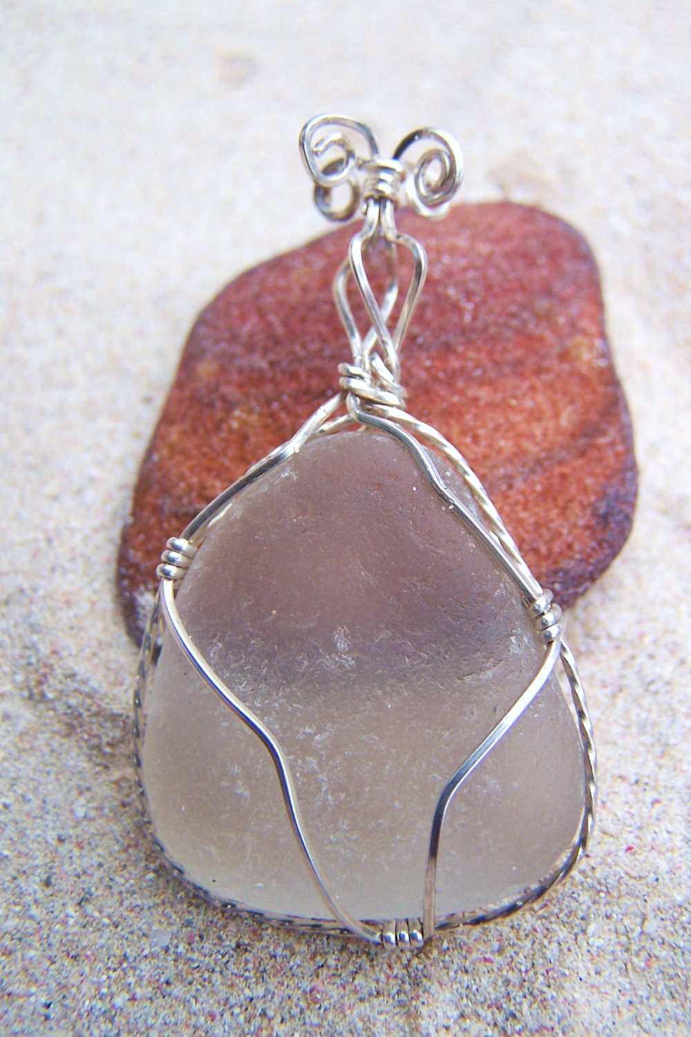 Sea Glass Necklace in Frosty White, 'Moonstone' with Intricate Sterling Silver Wire Wrap