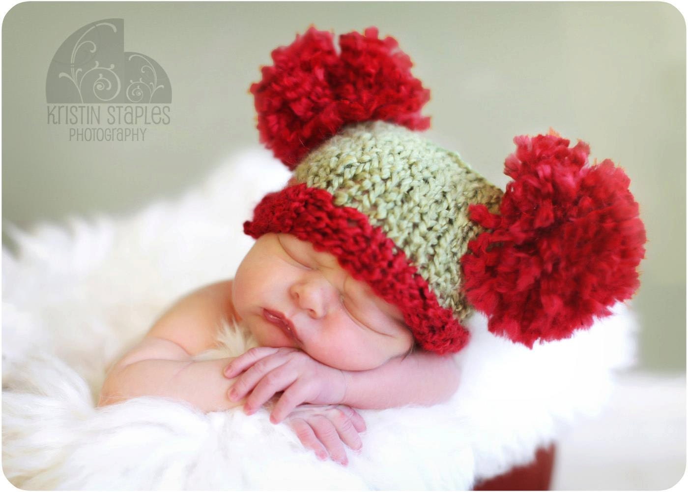 Little Square Knit Pom Pom Baby Hat in Christmas Colors