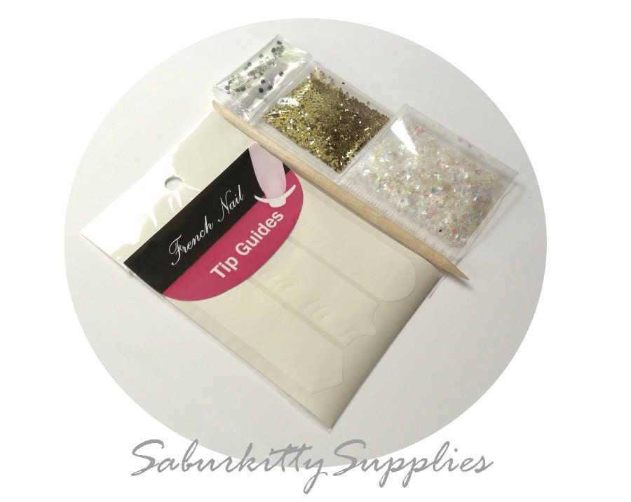 White Ice Mylar French Nail Art Manicure Kit rhinestones 3 sheets tip guides chevron crescent moon stickers gold DIY