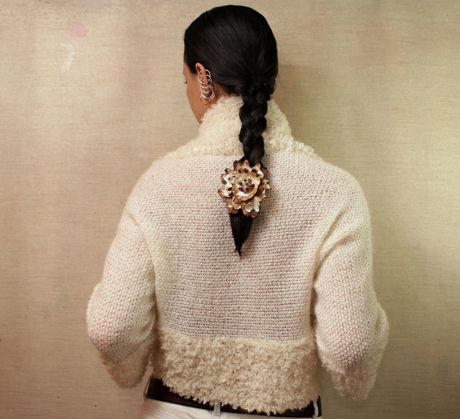 Falling in Love /  Knit Shrug Ivory Bolero Jacket with Satin Flower Brooch Sweater Cardigan Cream Wedding Bridal Shrug Bolero