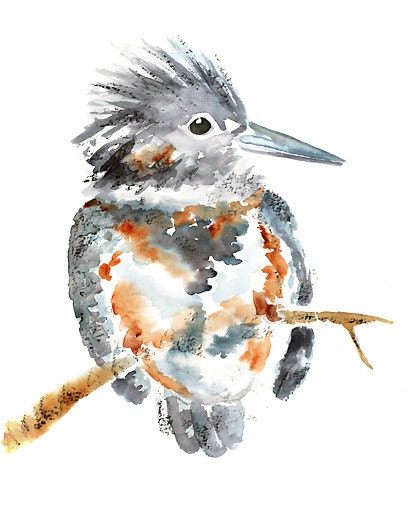 Kingfisher, Bird Watercolor, Animal Painting, Bird Art print, Bird Painting, Kingfisher art, nursery wall art  -  King Puff  8x10 art print