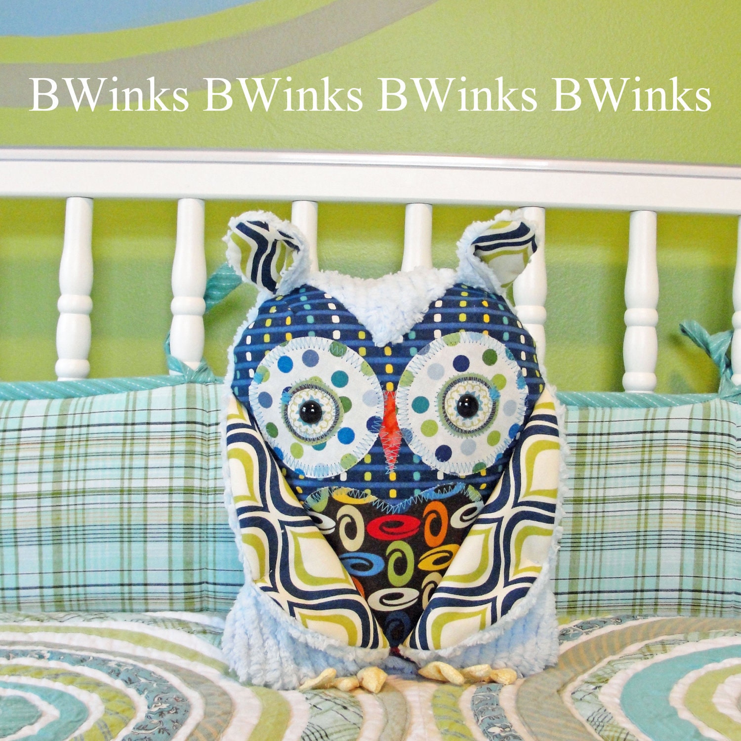 Owl Pillow Plush - Stuffed Owl Pillow Friend - BWinks Boy Stuffed Owl pillow Blue Chenille and blue cotton fabrics - Blue dots