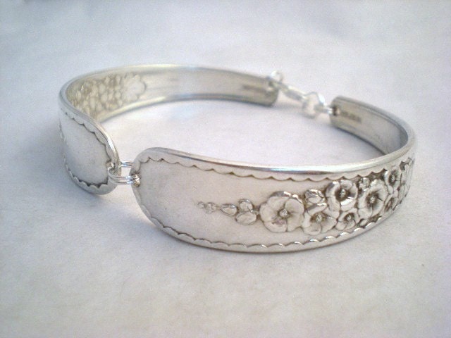 Vintage Spoon Bracelet, Silver Spoon Jewelry, Floral Flower, Vintage Wedding, Hollyhock, Silverware Jewelry Silver HOLLYHOCK 1930