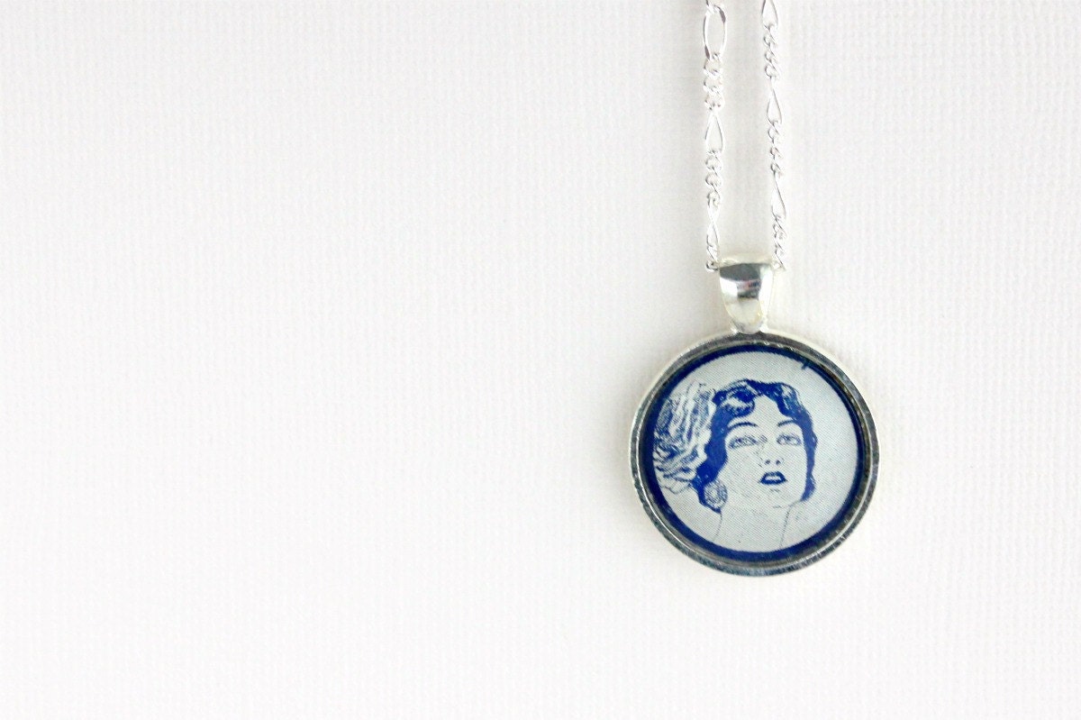 Vintage woman sheet music necklace.  Silver pendant with real vintage sheet music under glass dome.