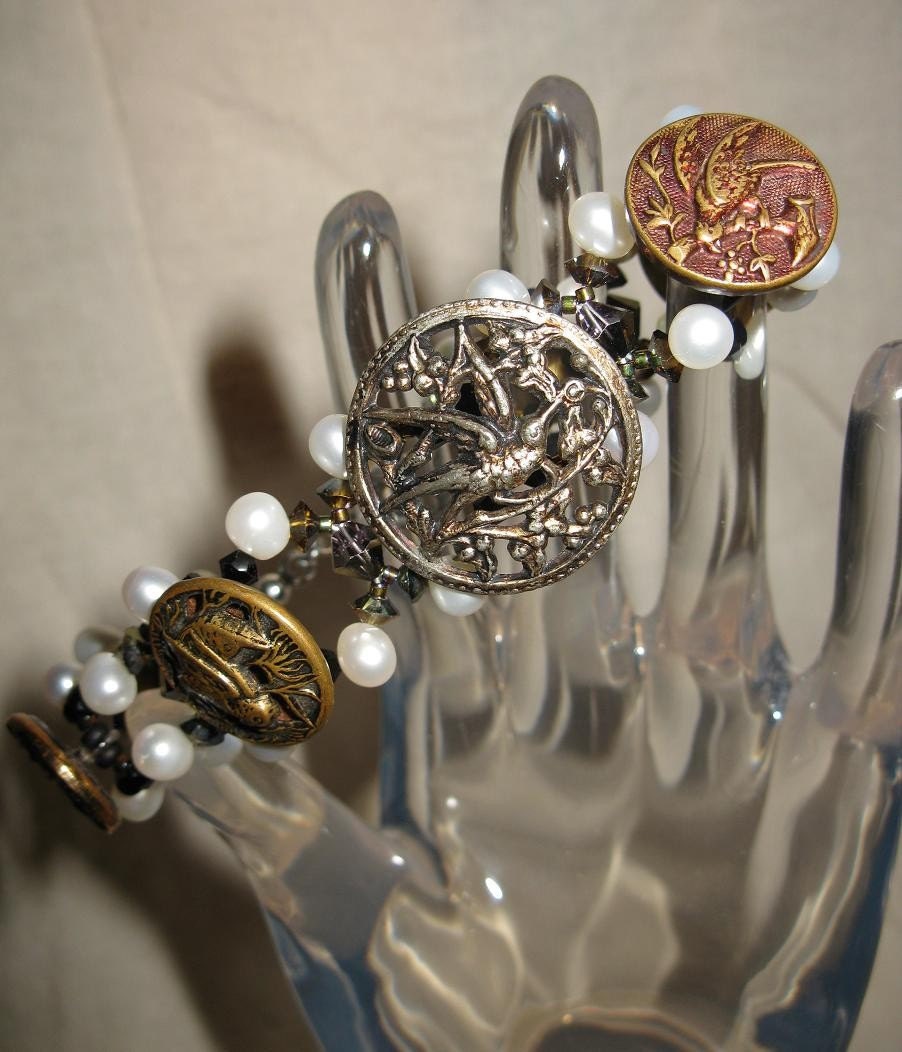 Vintage Button, Pearl, and Crystal Bracelet "Beautiful Birds"