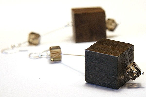 Dark Chocolate Cube - Smoky Quartz and Brown Wood - Sterling Silver - Cutting Edge Jewelry for Modern Woman