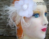 lila -  flapper headband of 20s rhinestones with vintage millinery flower and vintage white and cream feathers- ready to ship