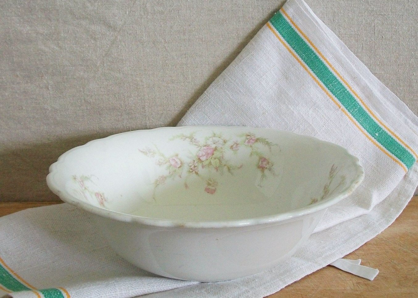 Vintage Shabby Ironstone Bowl With Flowers