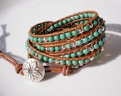 Turquoise Magnesite 5 Wrap Silver Beads Silver Flower