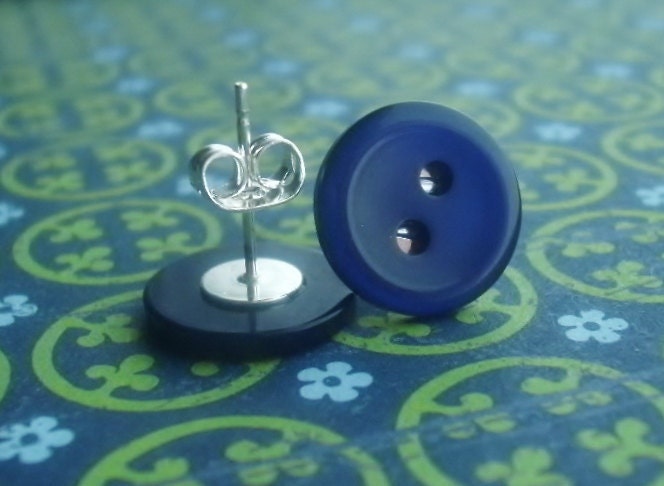 Cobalt Blue, Earrings, Button, Stud, Post, Plastic, Simple