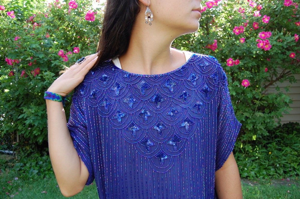 SALE-Gorgeous Vintage Royal Blue Beaded Sequin Sparkle Silk Top Blouse Medium Large