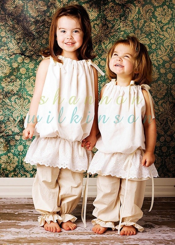 Girls Antique White Eyelet Pillowcase Dress with ribbon detail & Matching Pants