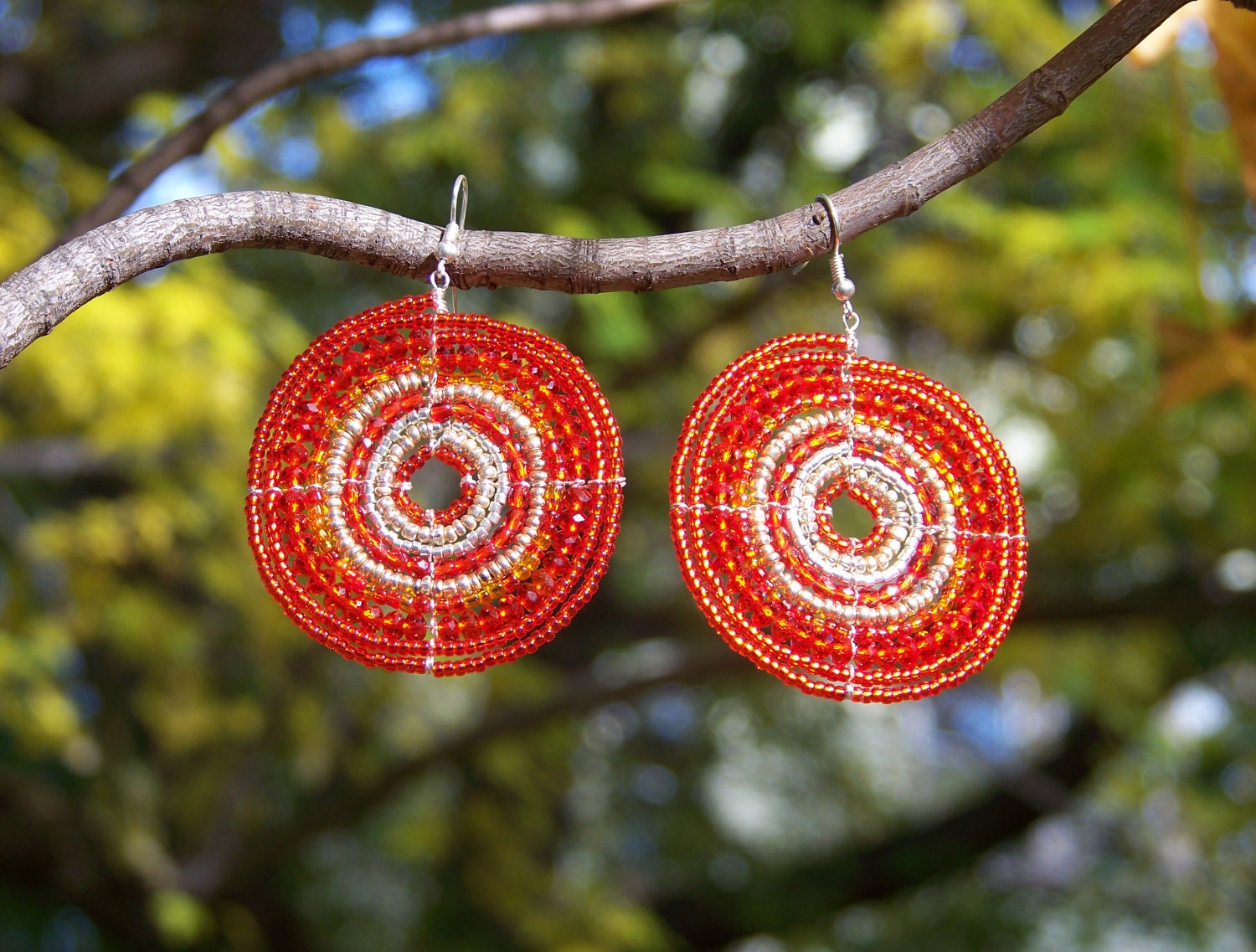 African Beaded Earrings, Orange and Silver (Large)