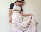 Vintage 1970s Blouse and Maxi Skirt Ensemble in Ivory and Navy Blue, DEADSTOCK