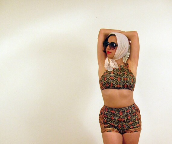 Vintage 1960s Lila Bath Swimsuit Bikini in Ethnic Print Red Black w/Coin Buttons