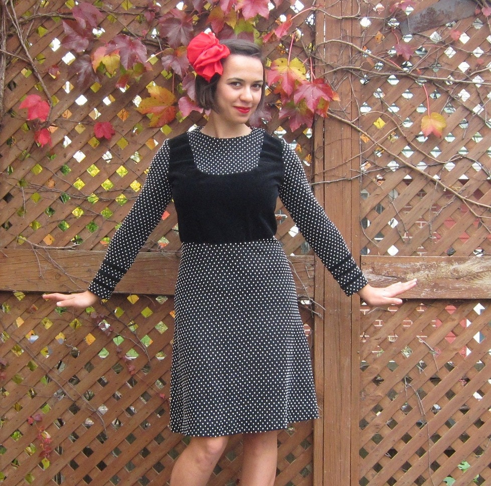 Vintage 1960s Polka Dot Dress in Black & White Velvet Jumper Style