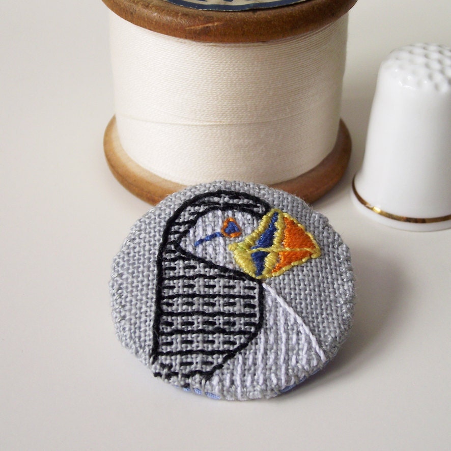 Puffin Birdseeker Linen Brooch. Pin.