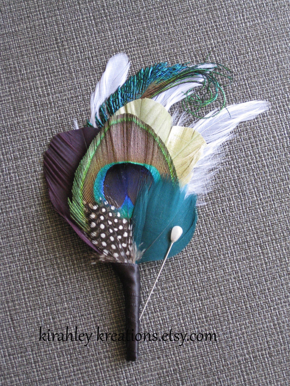 TRENT -- Peacock, Clover Green, Jade & Eggplant Plum Purple Feather Grooms Boutonniere -- Customize in Your Wedding Colors