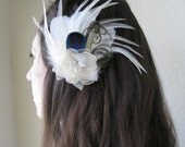 KHALISSA in Ivory -- Handmade Sheer Ivory Flower w/ Pearl Stamen & Peacock Feathers Bridal Wedding Hairpiece Fascinator
