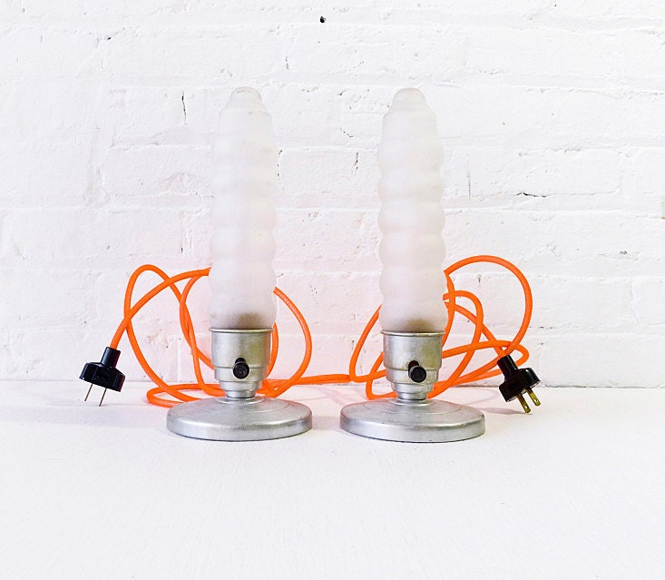 Vintage Art Deco Indusrial Pair of Bullet Lamps with Neon Orange Cord